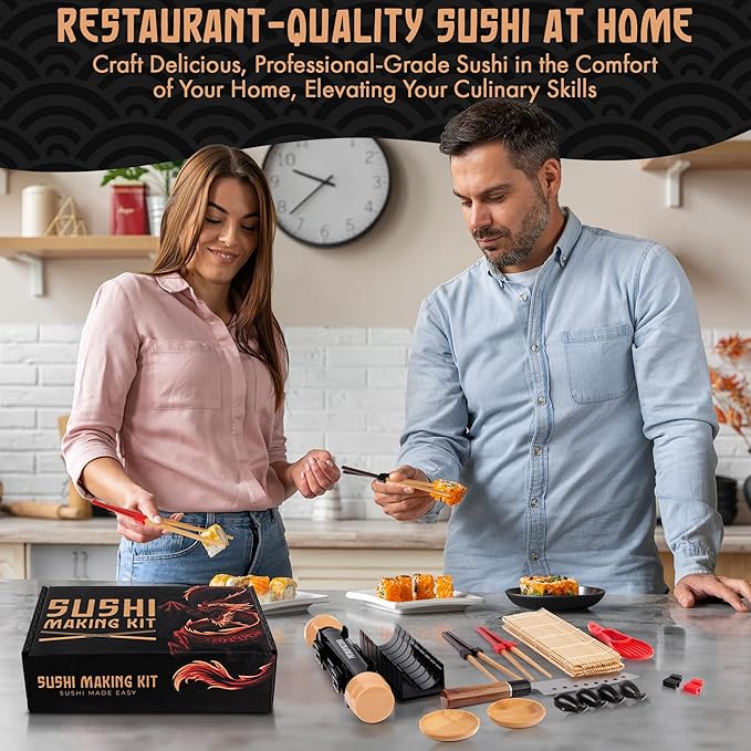 Sushi Making Kit, Sushi Bazooka Maker Kit & Bamboo Rolling Mat, Easy Roller Kit, DIY Set for Beginners at Home, USDA Organic