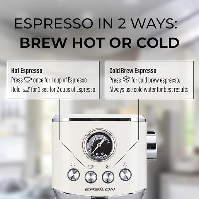 Epsilon Coffee Machine with Milk Frother, Compact 20-Bar Espresso Maker, Hot and Iced Coffee Maker with Removable Water Tank, Cold Brew Feature, and Steam Wand, 1.2L Capacity - Stainless Steel