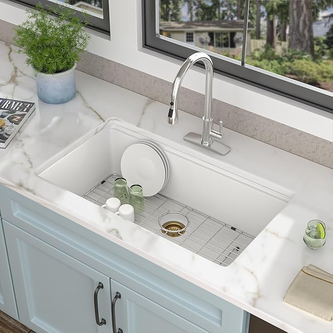 33 Granite Composite Kitchen Sink - Fulorni 33"x19" Kitchen Sink Undermount Ledge Workstation White Granite Quartz Composite Under Counter Single Bowl Sink Basin