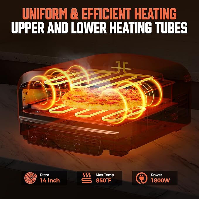 BIG HORN OUTDOORS Pizza Oven Indoor, 14 Inch Electric Countertop Pizza Oven with 6 Preset Modes, Perfect Pizza Maker Machine for Home, Pizza Cooker with Pizza Stone and Pizza Peel, Stainless Steel