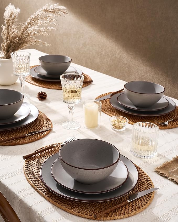Famiware Venus Plates and Bowls Sets, 12 Pieces Stoneware Speckled Dinnerware Sets, Dishes Set for 4, Microwave and Dishwasher Safe, Matte Dark Grey