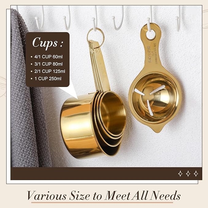 LemonRoad 8 Pcs Gold Kitchen Accessories Set Includes 1.5/2/2.8/3.6 Qt Gold Mixing Bowls with Airtight Lids, 1 Set Stainless Steel Measuring Cups, Grater Slicer with Handle, Egg Beater, Egg Separator