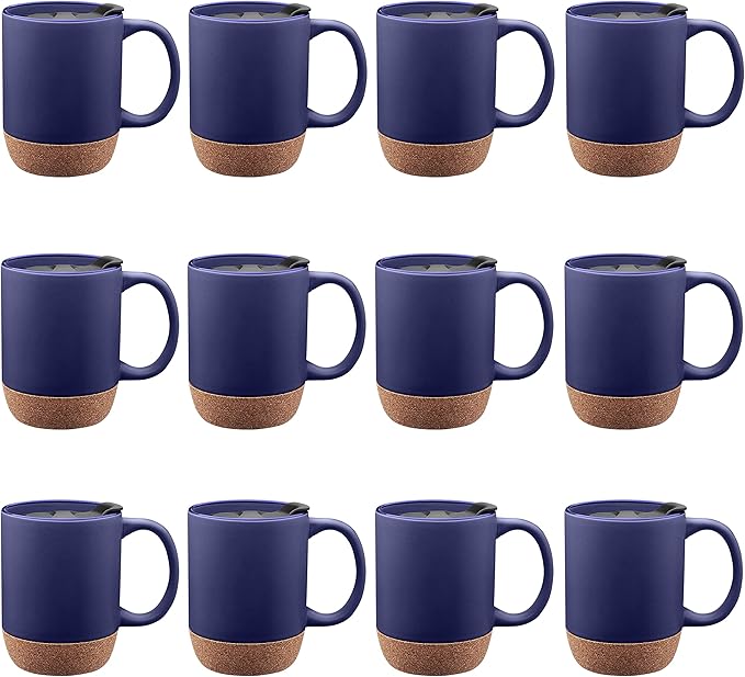 DISCOUNT PROMOS Barista Ceramic Mugs with Cork Bottom 13 oz. Set of 12, Bulk Pack - Perfect for Coffee, Tea, Espresso, Hot Cocoa, Other Beverages - Blue