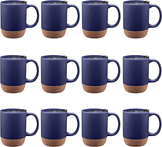 DISCOUNT PROMOS Barista Ceramic Mugs with Cork Bottom 13 oz. Set of 12, Bulk Pack - Perfect for Coffee, Tea, Espresso, Hot Cocoa, Other Beverages - Blue