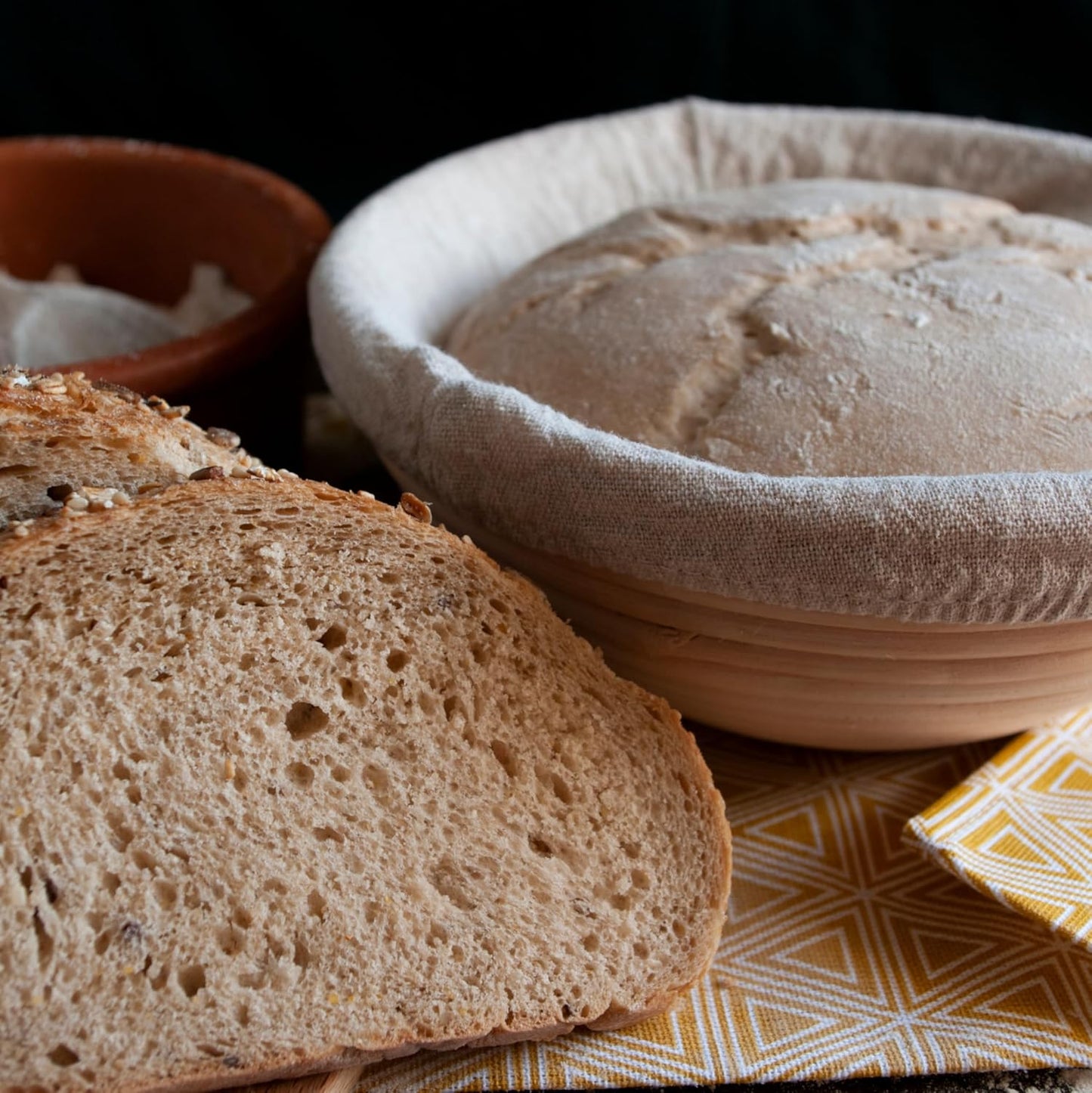 Premium Bread Proofing Set with Acacia Wood - Sourdough Bread Baking Supplies, 2 Rattan Banneton Baskets, 2 Basket Covers, Brush, Metal Scrapper, Plastic Scrapper, Scoring Lame, 5 Blades & Case