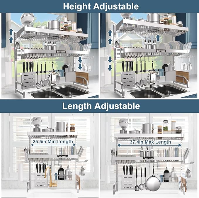 Over The Sink Dish Drying Rack,3 Tier Adjustable Length (25.5'' to 37.4'') Full Stainless Steel Large Storage Kitchen Dish Rack,For Kitchen Counter Expandable Multifunctional Organizers,Silver