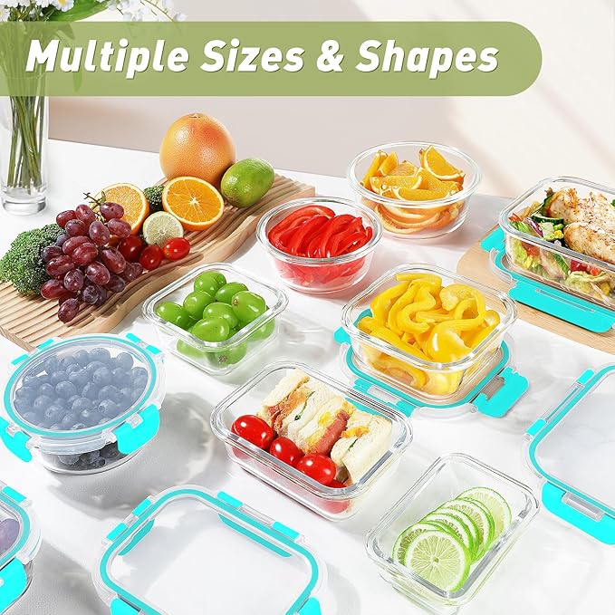 BAYZZ 30 Piece Glass Food Storage Containers Set, Glass Meal Prep Containers with Lids, Airtight Lunch Box, BPA-Free, Microwave, Freezer & Dishwasher Safe,Green