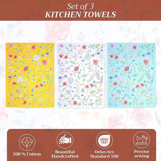 Maison d' Hermine Kitchen Towels Set of 3 100% Cotton 27.50" x 20" Reusable Cloth Tea Dish Towels Absorbent with Hanging Loop for Kitchen, Home, Dining, Cocktail Parties Spring/Summer (Just Floral)