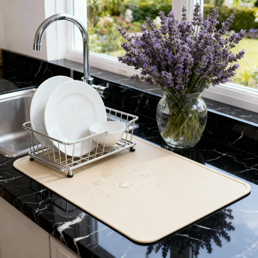 Dish Drying Mat Super Absorbent – 16" x 18" Coffee Mat for Countertops – Non-Slip Drying Mat for Kitchen Counter – Easy to Clean Water Absorbent Mat – Large Dish Drying Mats (Tapioca)