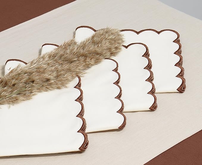 PurpleEssences Scalloped Embroidery Cloth Napkins Christmas Holiday Winter Table Decor 100% Cotton Set of 4-18 x 18 inch - Beige - Edges - Brown