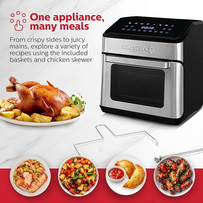 Holstein Housewares 12.7 QT Digital Air Fryer 8-in-1 with Hot Air Technology, Family Size, Viewing Window & Led Display. Air Fry, Bake, Grill, Dehydrate & Roast, Less Oil Use for Healthier Meals