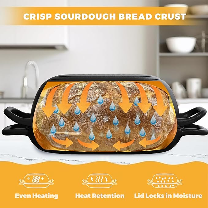 Oval Dutch Oven for Bread Baking 12 x 8 Inch, Pre-Seasoned Cast Iron Bread Oven for Sourdough, Dutch Oven Bread Loaf Pan for a Crispy Crust, 5QT