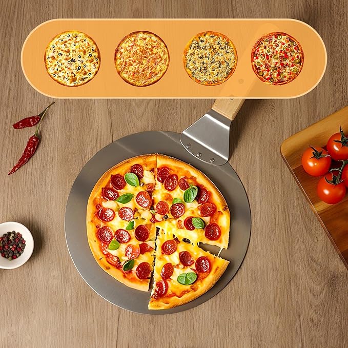vzaahu Pizza Peel 10 inch, Aluminum Round Spatula, Small Medium Size with 8.6 inch Wooden Handle, Pie Making Light-weighted Tool for Homemade Bread, 2-3 family size