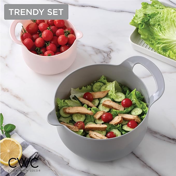 COOK WITH COLOR Nesting Plastic Mixing Bowl Set with Pour Spouts and Handles, Pink, 6 Piece Non-Slip