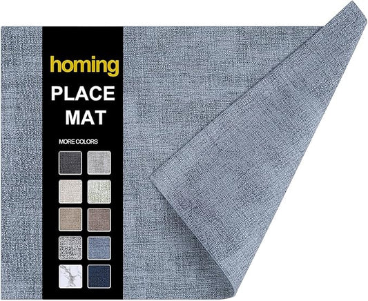homing Faux Leather Heat Resistant Placemats 6 Packs, Waterproof Wipeable Dining PU Place Mats for Indoor & Outdoor, Easy to Clean, Denim Blue