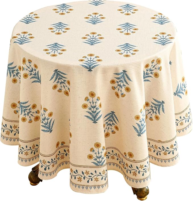 French Tablecloth for Round Tables,Linen Table Cloth with Yellow Flowers and Leavs Pattern,Heavy Durable Table Cover for Dining Thanksgiving Kitchen Decor Party Christmas,Diameter 55"