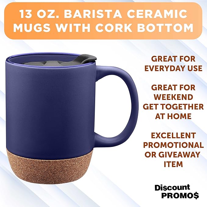 DISCOUNT PROMOS Barista Ceramic Mugs with Cork Bottom 13 oz. Set of 12, Bulk Pack - Perfect for Coffee, Tea, Espresso, Hot Cocoa, Other Beverages - Blue