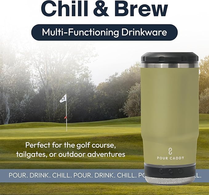 Chill & Brew, Insulated Can & Bottle Holder, Bluetooth Cup with Speaker, Fits 12 oz Cans, Skinny Cans, Most Bottles & Cold Drinks, Sandstone