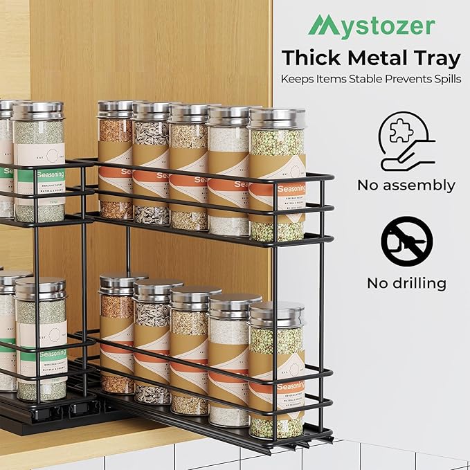 Pull Out Spice Rack Organizer for Cabinet, Slide Out Spice Racks, Easy to Install Spice Cabinet Organizer, 2.1''Wx10.35''Dx8.26''H, 2 Drawers 2 Tiers(Black)