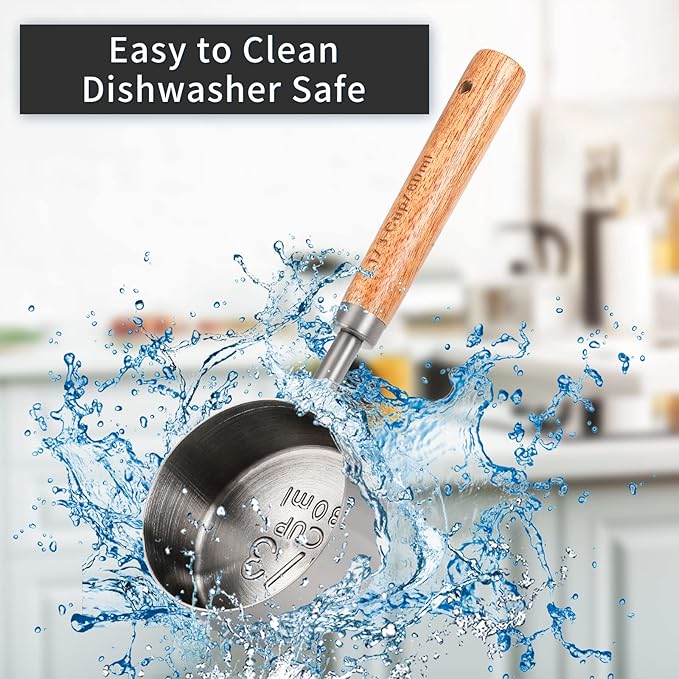 Measuring Cup with Wooden Handle, 1/2 Cup Titanium-plating 125 Ml Stainless Steel, Space Gray