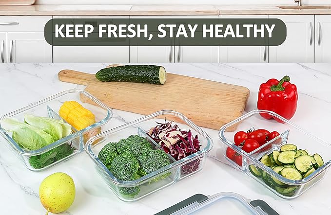 M MCIRCO [5-Pack,36 Oz] Glass Meal Prep Containers 2 Compartments Portion Control with Upgraded Snap Locking Lids Glass Food Storage Containers, Microwave, Oven, Freezer and Dishwasher (4.5 Cups)