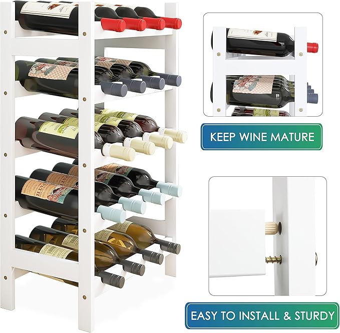 SMIBUY Bamboo Wine Rack, 20 Bottles Display Holder, 5-Tier Free Standing Storage Shelves for Kitchen, Pantry, Cellar, Bar (White)