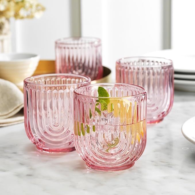 Glaver's Double Old Fashioned Rock Glasses, Set of 4 Blush Pink Whiskey Glasses, 11 oz Art Deco U-Shape Design Embossed Everyday Home Bar Glassware.