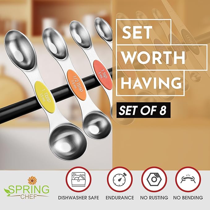 Spring Chef Stainless Steel Magnetic Measuring Spoons Set of 8 with Leveler, Nesting Teaspoon & Tablespoon Measuring Spoons, Kitchen Gadgets for Baking & Cooking, Fits in Spice Jars - Mountain Sunrise