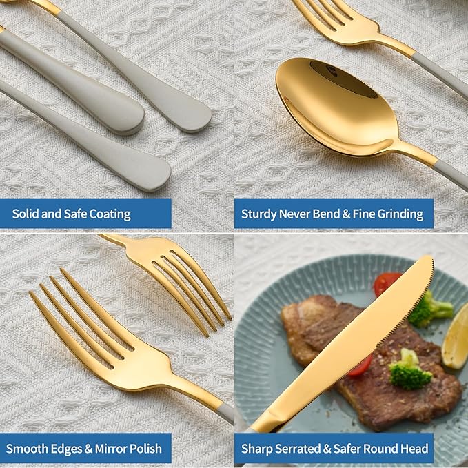 20-Piece Off white & Gold Silverware Set, 18/0 Stainless Steel Colorful Handle Flatware Set,Service for 4,Modern Cutlery Set Includes Dinner Knives Forks Spoons,Mirror Polished,Dishwasher Safe