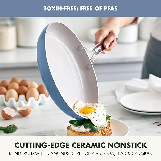 GreenPan Nova 10-Piece Cookware Pots & Pans Set, Oprah’s Favorite Things 2024, PFAS-Free Ceramic Nonstick, Fry, Sauté, Stockpot, Utensils, Lids, Induction Suitable, Dishwasher & Oven Safe, Ocean Blue