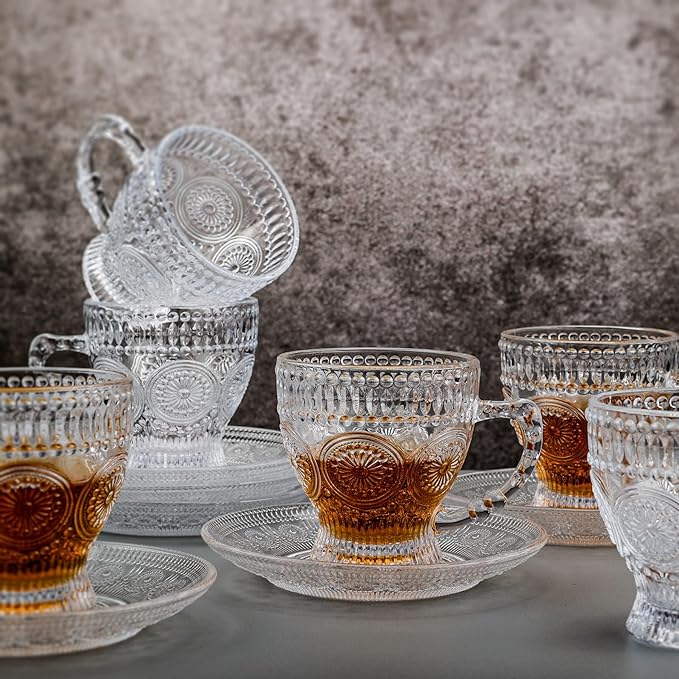 Glass Tea Cups and Saucers Set of 6 - Vintage Coffee Mugs -Teacups Set for Espresso Cappuccino Latte Tea - Dishwasher Microwave Safe (7OZ / 210ML)