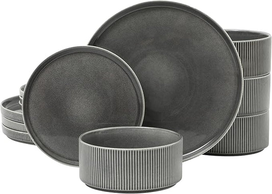 Gibson Elite Solana Coast 12 Piece Stoneware Reactive Glaze (Service for 4) Ceramic Plates and Bowls Modern Shape Embossed Dinnerware Set - Black