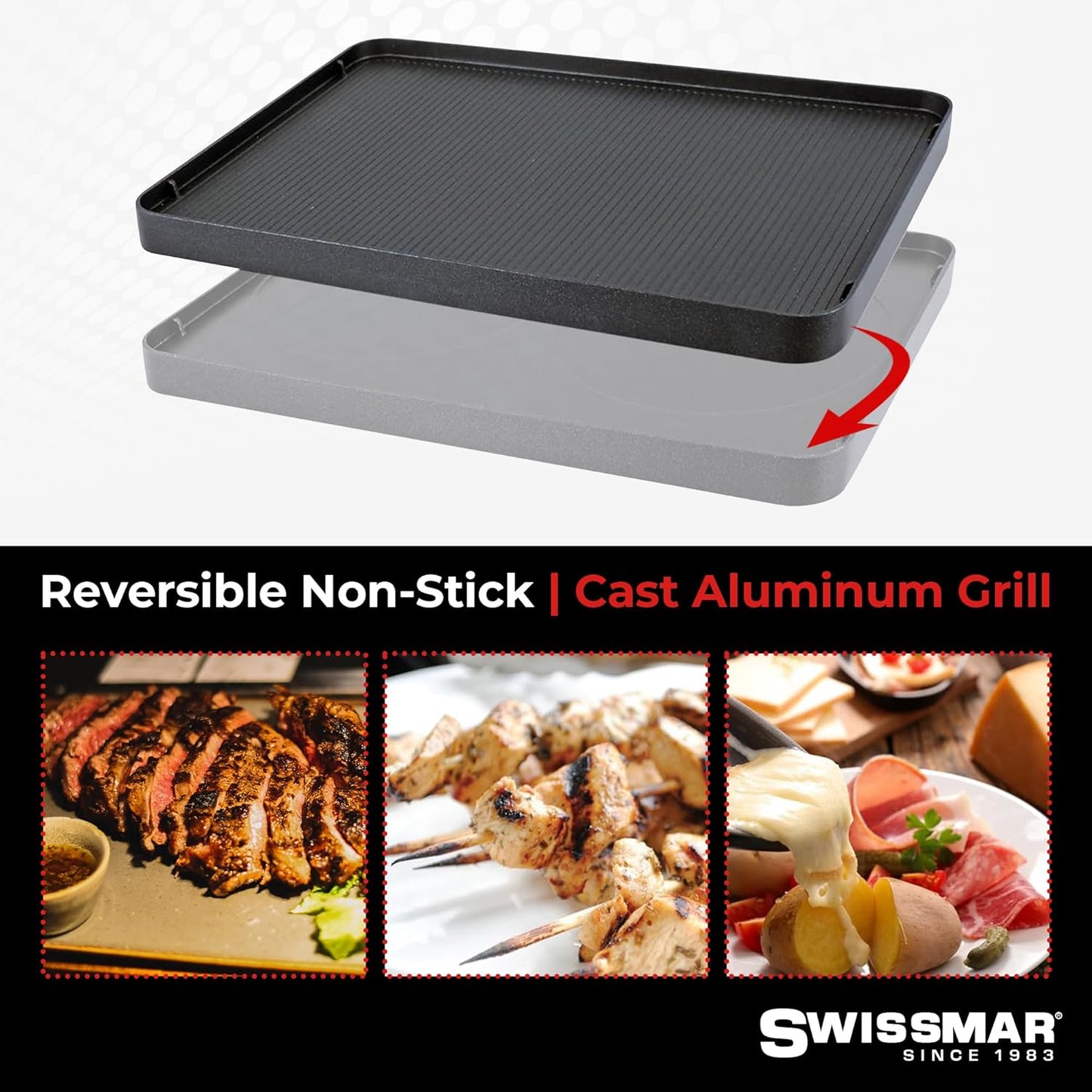 Swissmar Classic 8-Person Raclette Party Grill with Reversible Cast Aluminum Non-Stick Grill Plate/Crepe Top, Indoor Electric Raclette Grill & Griller - Black Grill Plate - Red