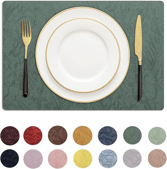 Romanstile Vinyl Placemats Set of 6-12 X 18 Inch - Heat Resistant Non-Slip Embossed Floral Place Mats 100% Waterproof Oilproof Wipeable Faux Leather Table Mats for Kitchen/Dining/Party, Green