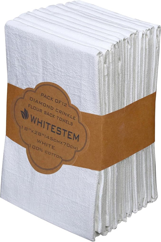 Flour Sack Towels |Tea Towel for Crafts| Kitchen |Dish | Cotton Blank Towel for Embroidery|Baking Bread Proofing Linen Cover Diamond Crinkle|Thick Absorbent Quick Dry |12 Pack 18"x28" White