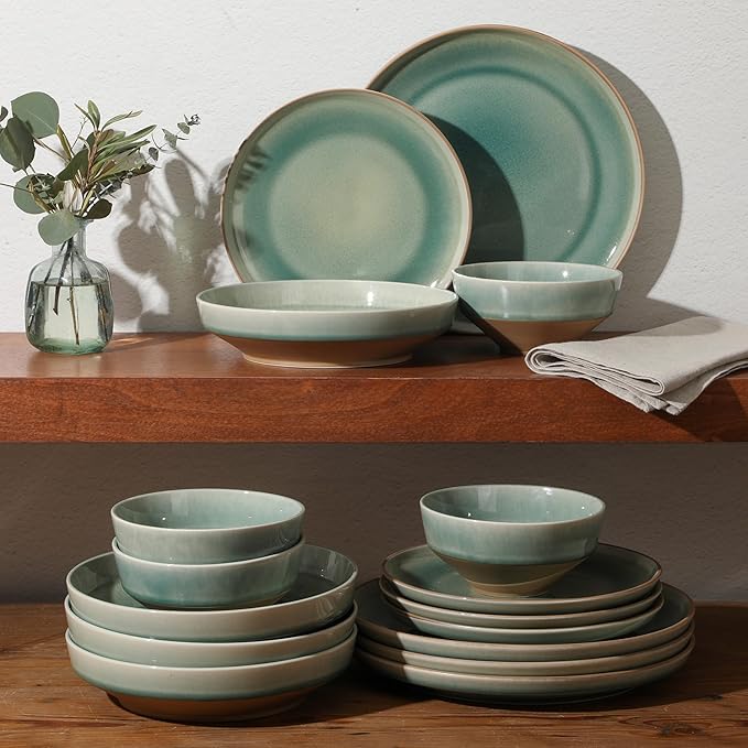 Gibson Elite Hailstone 16 Piece Stoneware Reactive Glaze (Service for 4) Ceramic Plates and Bowls Dinnerware Set - Tropical Green