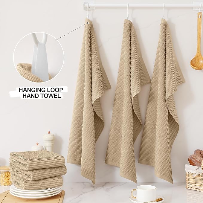 Homaxy Premium Kitchen Towels (18"x 28", 8 Pack), Large 100% Cotton Kitchen Hand Towels, Ultra Absorbent Ribbed Terry Tea Towels Set with Hanging Loop, Khaki