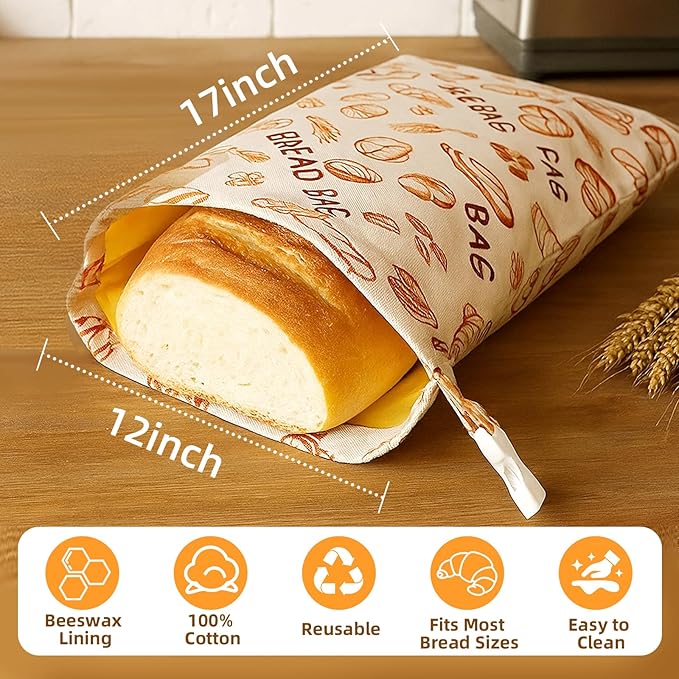 Reusable Linen Beeswax Bread Bags(2 Pack), Beeswax Bread Bags for Homemade Sourdough,Cotton Linen Food Storage Bag, Keeping Fresh and Refrigerable,12x17inch