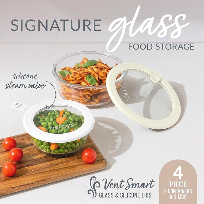Bentgo Signature Leak-Proof Glass Food Storage - 4-Piece Set, 1-Compartment Plastic-Free Containers with Airtight Glass Lids, BPA-Free, Microwave, Freezer, Oven & Dishwasher Safe (White Stone)