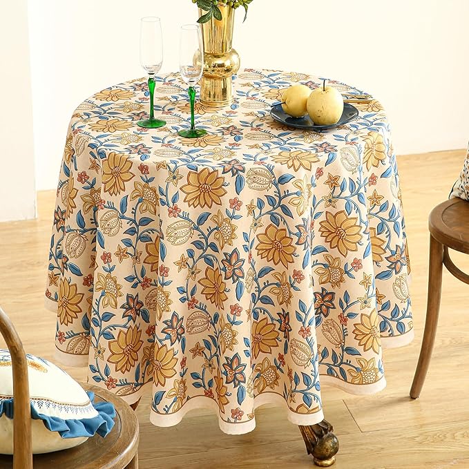French Tablecloth for Round Tables,Linen Table Cloth with Yellow Flowers Pattern,Heavy Durable Table Cover for Dining Thanksgiving Kitchen Decor Party Christmas,Diameter 67"