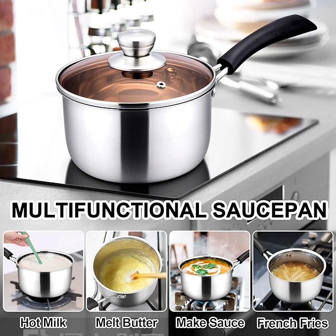 LIANYU 3QT Saucepan with Lid, Stainless Steel Sauce Pan Cooking Pot, 3 Quart Kitchen Cookware with Long Heatproof Handle, Dishwasher Safe