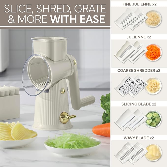 COOK WITH COLOR Rotary Cheese Grater with Handle - Counter Cheese Grater Suction Base with Hand Crank - 5 Blade Cheese Shredder - Easy to Use Manual Vegetable Chopper and Mandolin