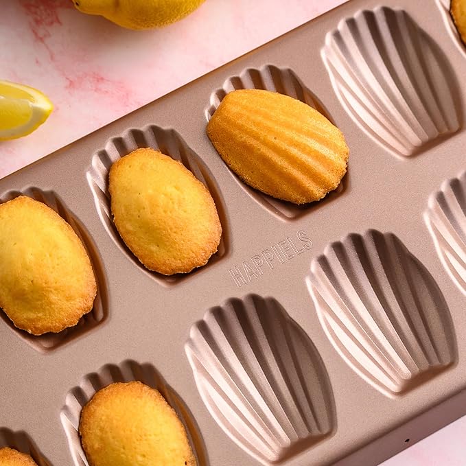 HAPPIELS Non Toxic Nonstick Madeleine Pan 12 Well Set of 2 (24 wells) | Non Stick Nontoxic Madeleines Pans for baking | Madeleine Cake Cookie Mold | Madeleine tray for oven | French tin 12
