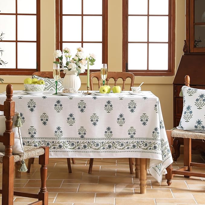 Floral Tablecloth for Square Tables,Linen Table Cloth with Blue Flowers and Green Leaves Pattern,Heavy Durable Table Cover for Dining Thanksgiving Kitchen Party Banquet Christmas,67"*67"