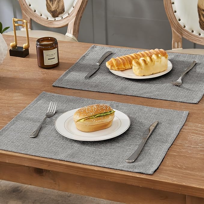BALCONY & FALCON Placemats Set of 4 Faux Linen Cloth Place Mats Washable Waterproof Wrinkle Resistant Table Placemats for Dining Kitchen Farmhouse Indoor & Outdoor Use(Gray, 13.8”x 17.7”