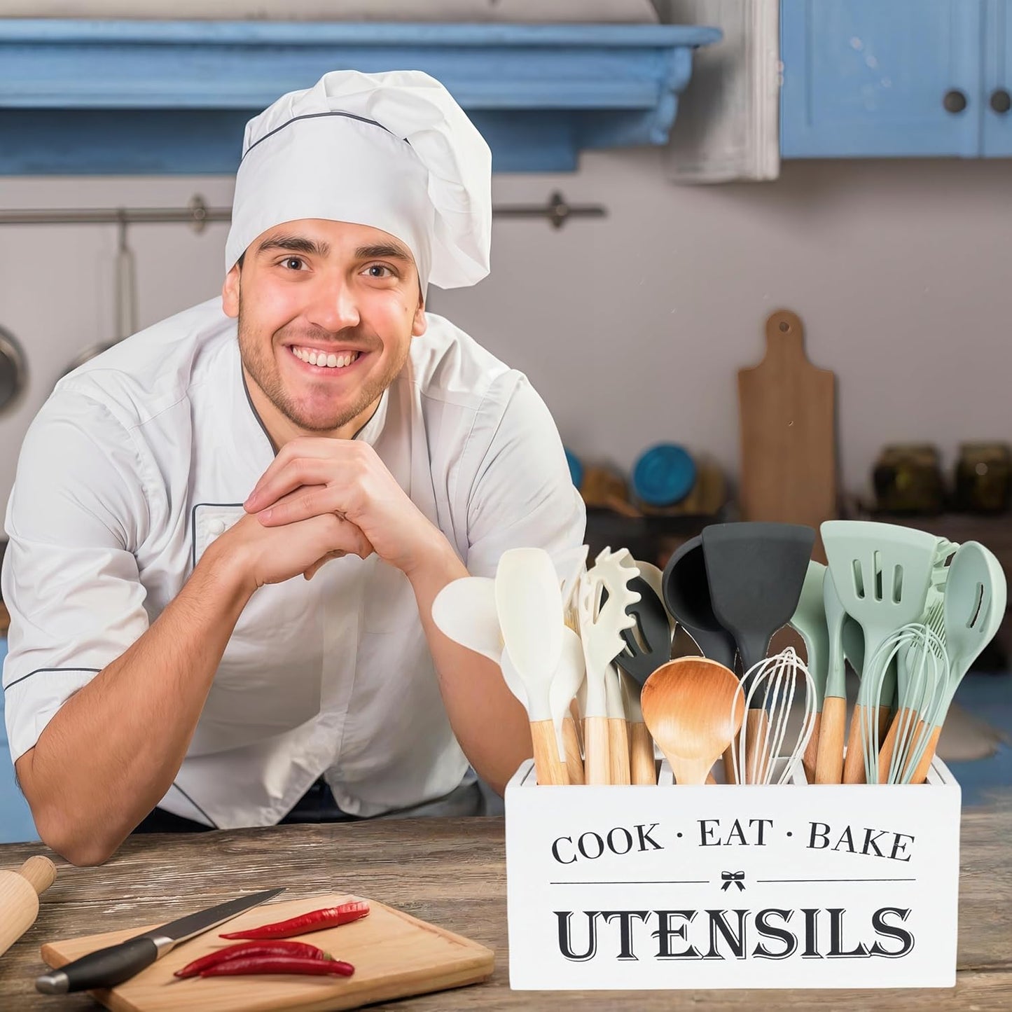 Utensil Holder,Large Wooden Utensil Holder For Kitchen Counter,Cooking Spatula Organizer,Big Storage Caddy With 3 Compartments Flatware Spoon Tool Cutlery（White）