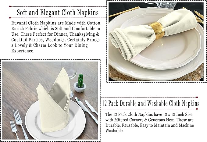 Ruvanti Cloth Napkins Set of 12, 18x18 Inches Napkins Cloth Washable, Soft, Durable, Absorbent, Cotton Blend. Table Dinner Napkins Cloth for Hotel, Lunch, Restaurants, Wedding Parties - Ivory/Cream
