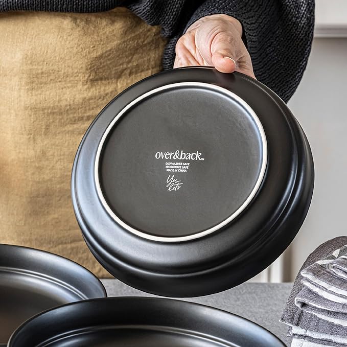 over&back Rim Dinnerware Set - Stoneware Dishes - Comes with 4 Dinner Plates, Salad Plates, Cereal Bowls, and Dinner Bowls - 16-Piece All-Occasion Place Settings - Serves Four - Semi-Matte Black