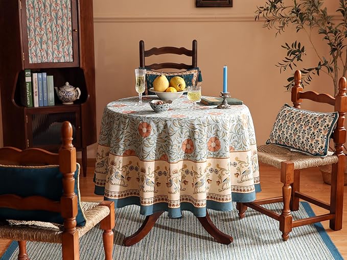 patdrea Designer French Linen Blue Round Table Cloth,Vintage Floral Tablecloth,Colorful Decoration Fall Table Cover Kitchen Dining for Party,Thanksgiving,Christmas,Diameter 67"-Wensel
