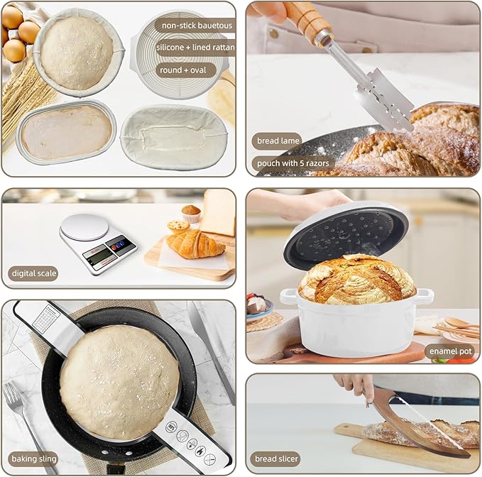 4 Color Complete sourdough bread makin Starter Kit,Sourdough Bread Baking Supplies for Beginner with Pot, Banneton Bread Proofing Baskets, Starter Jar, Scraper, Bread Making Tools & More (White)